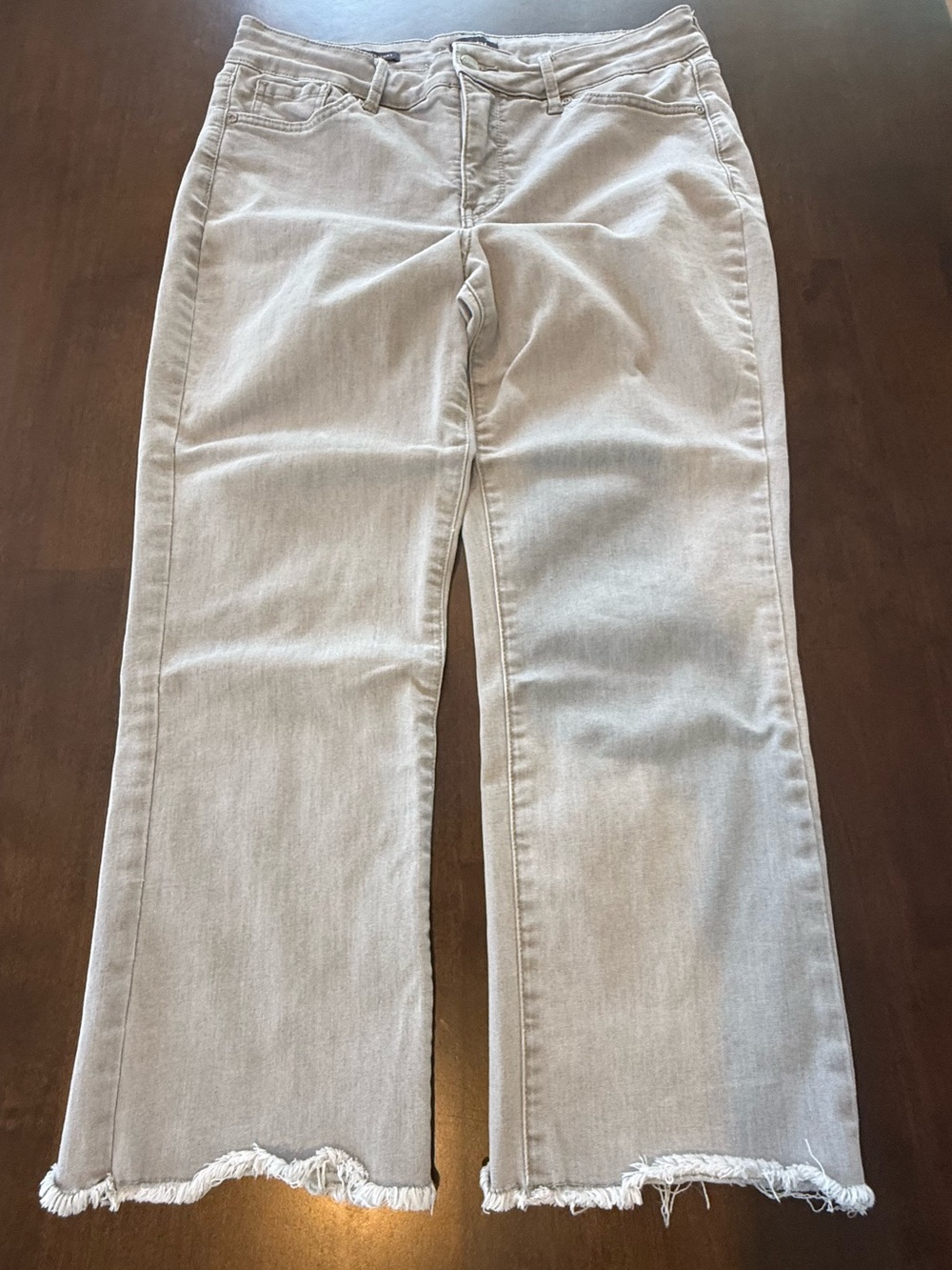 NYDJ Marilyn Straight Crop Jeans 12P Beige Frayed Hem Stretch